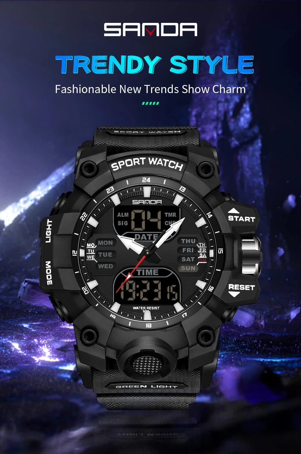 SANDA Dual Display Men's Waterproof Sports Watch