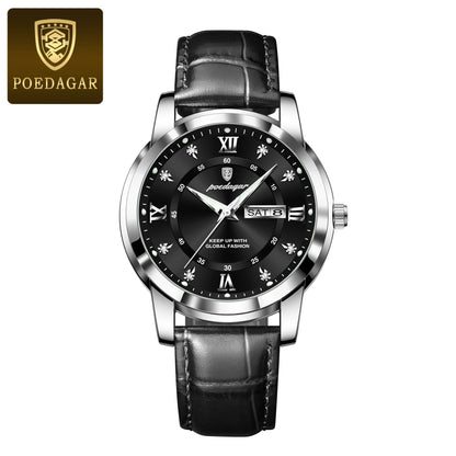 POEDAGAR Luxury Men's Leather Strap Wristwatch